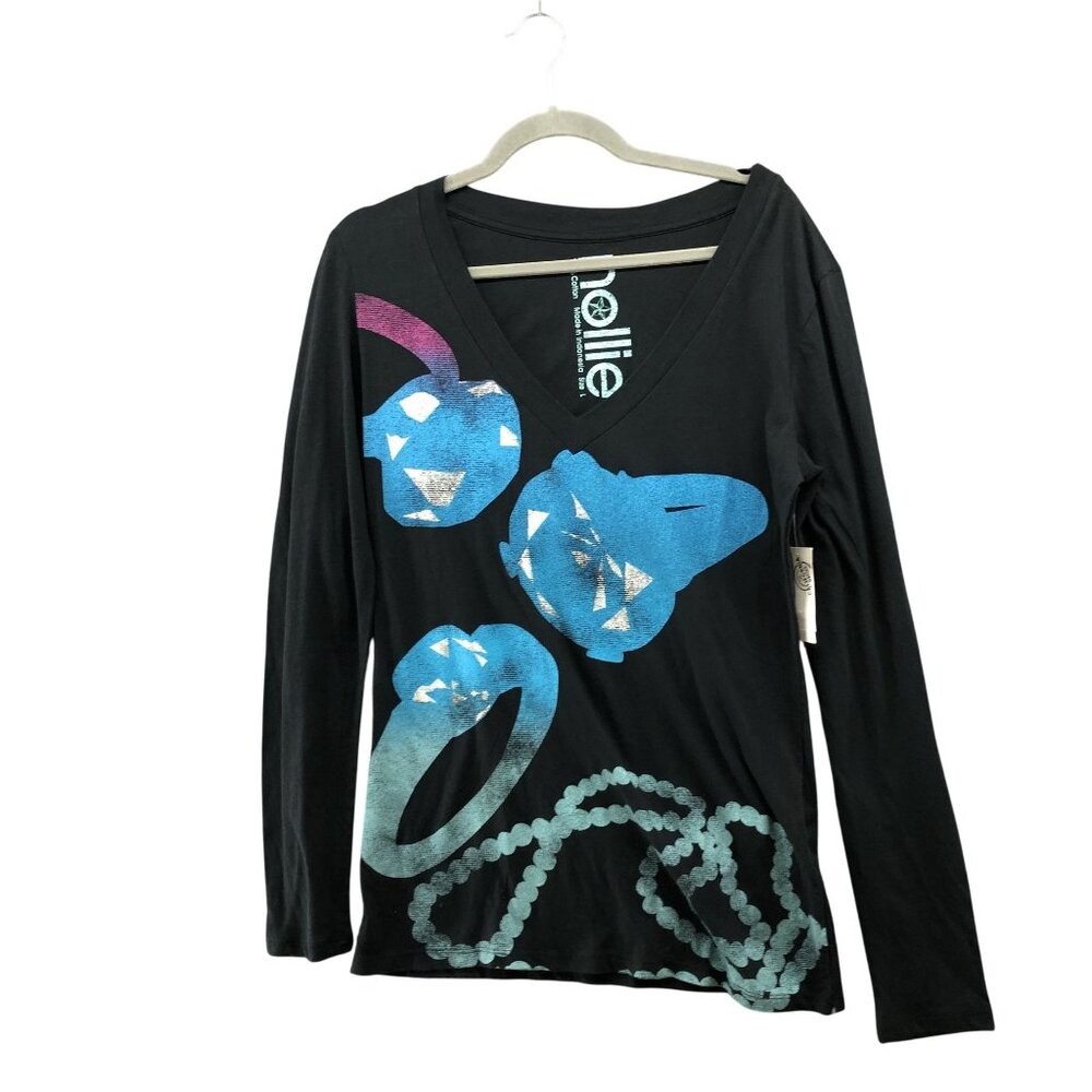NWT Nollie Long Sleeve T Shirt Womens L V-Neck Graphic Black Cotton Jewelry